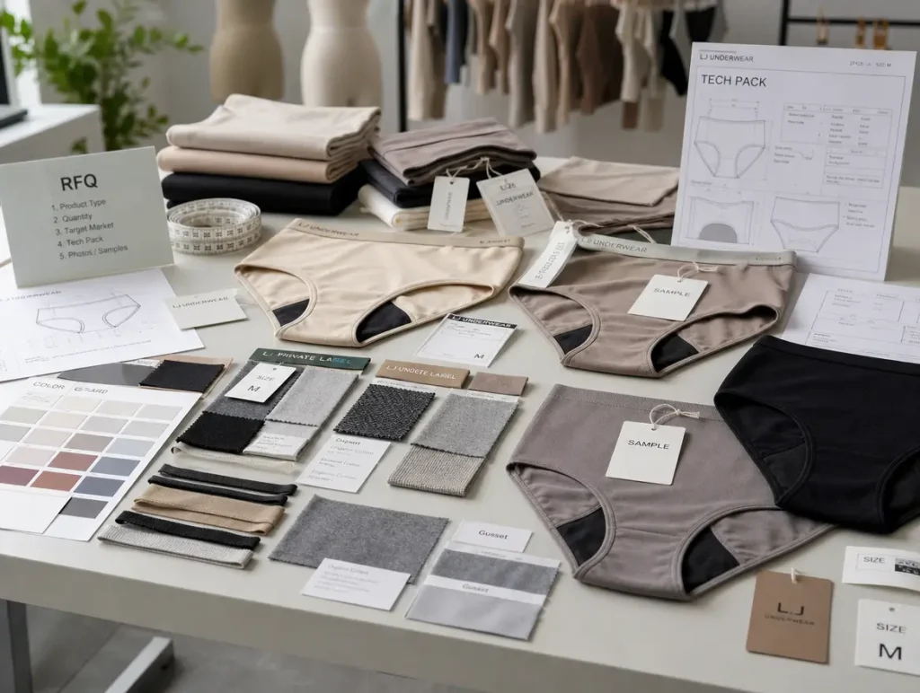 Designer workspace with nude and black underwear samples, fabric swatches, and color cards laid out on a table.